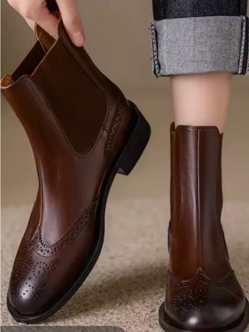 Women’s Brown Leather Chelsea Brogue Boots size 38 fits like 8-8.5
